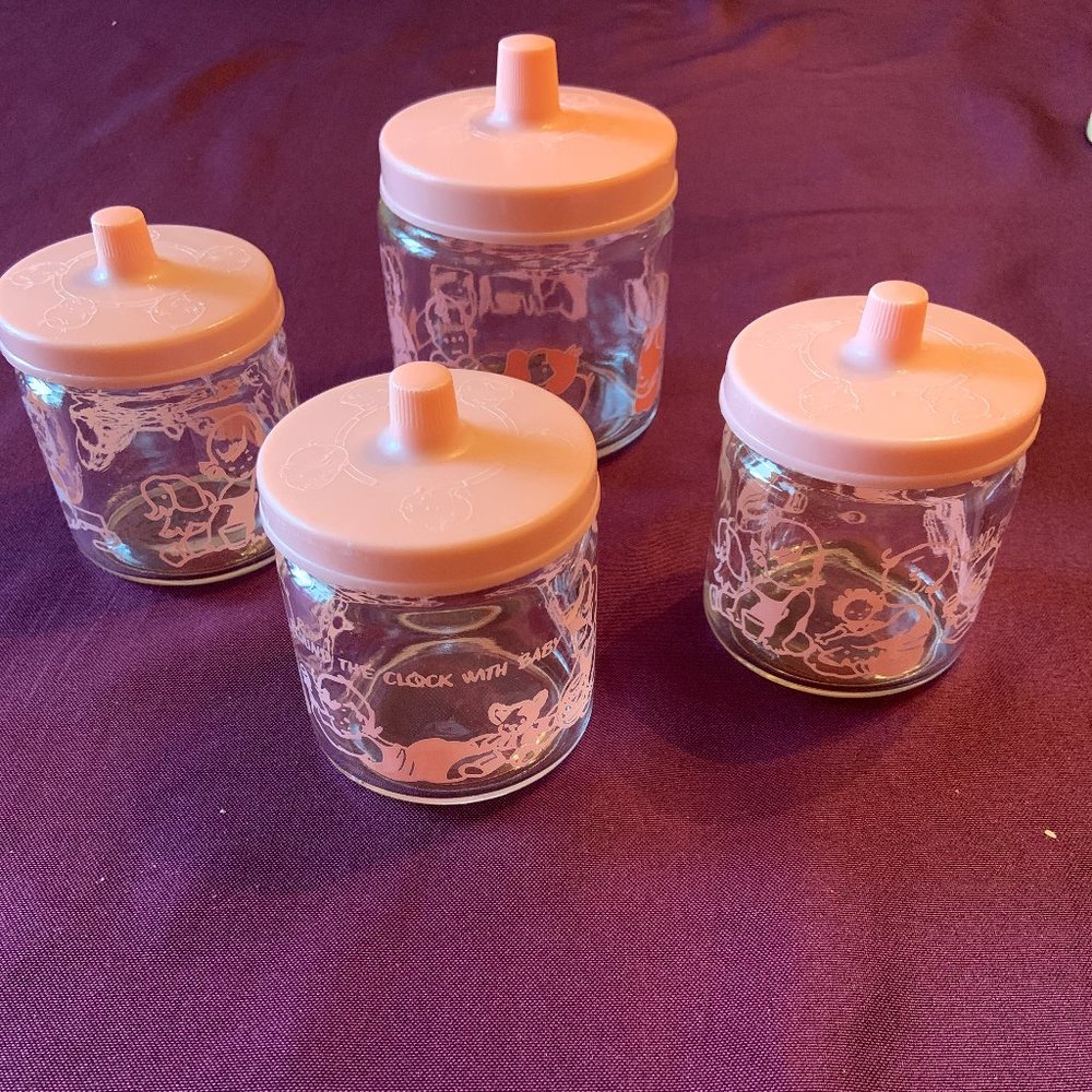 Vintage "Round The Clock With Baby" Glass Jars with Lids